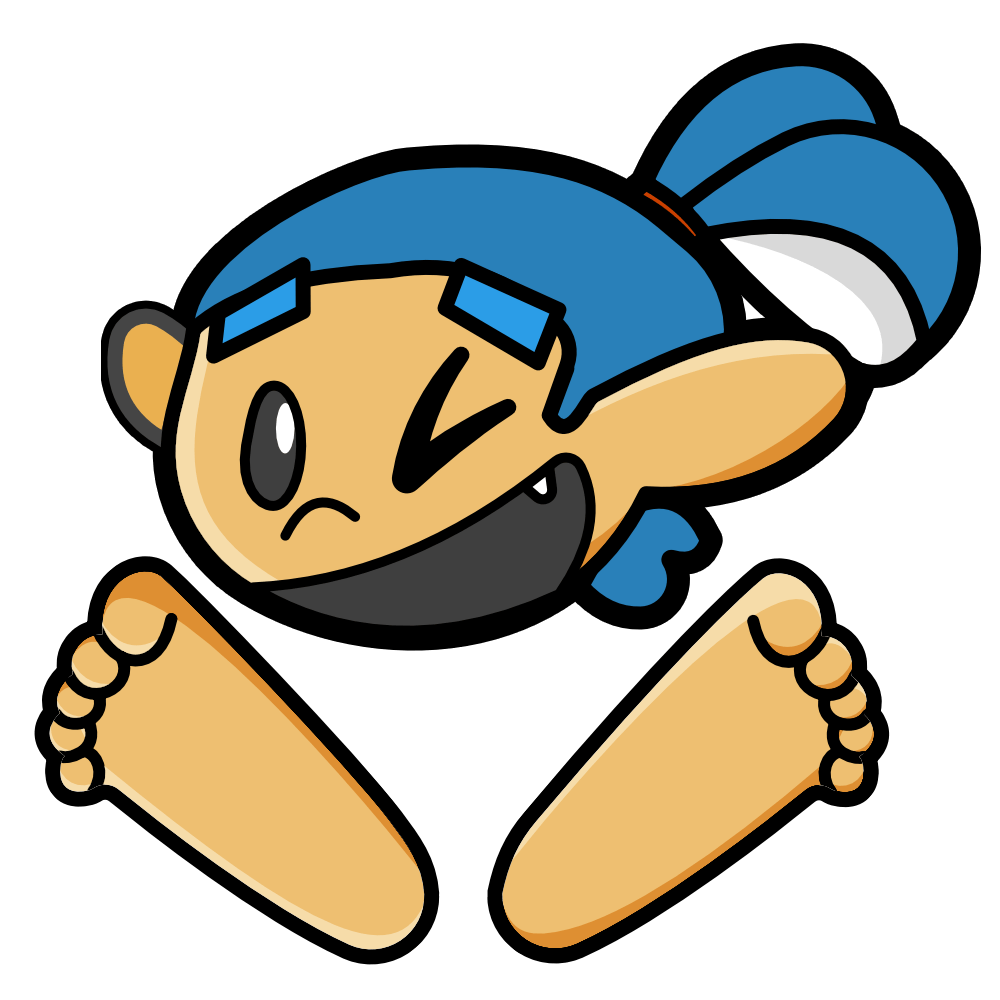 First version of the Feets logo. It depicts a stylised male Inkling from Splatoon with blue hair tied up in a ponytail, light blue squarish eyebrows, right eye is a shiny black oval, left eye is a wink that resembles a less-than sign, with a wide open smiling mouth showing one tooth. Beneath the head are two stylised feet lying sideways, appearing to be showing the soles facing upwards..