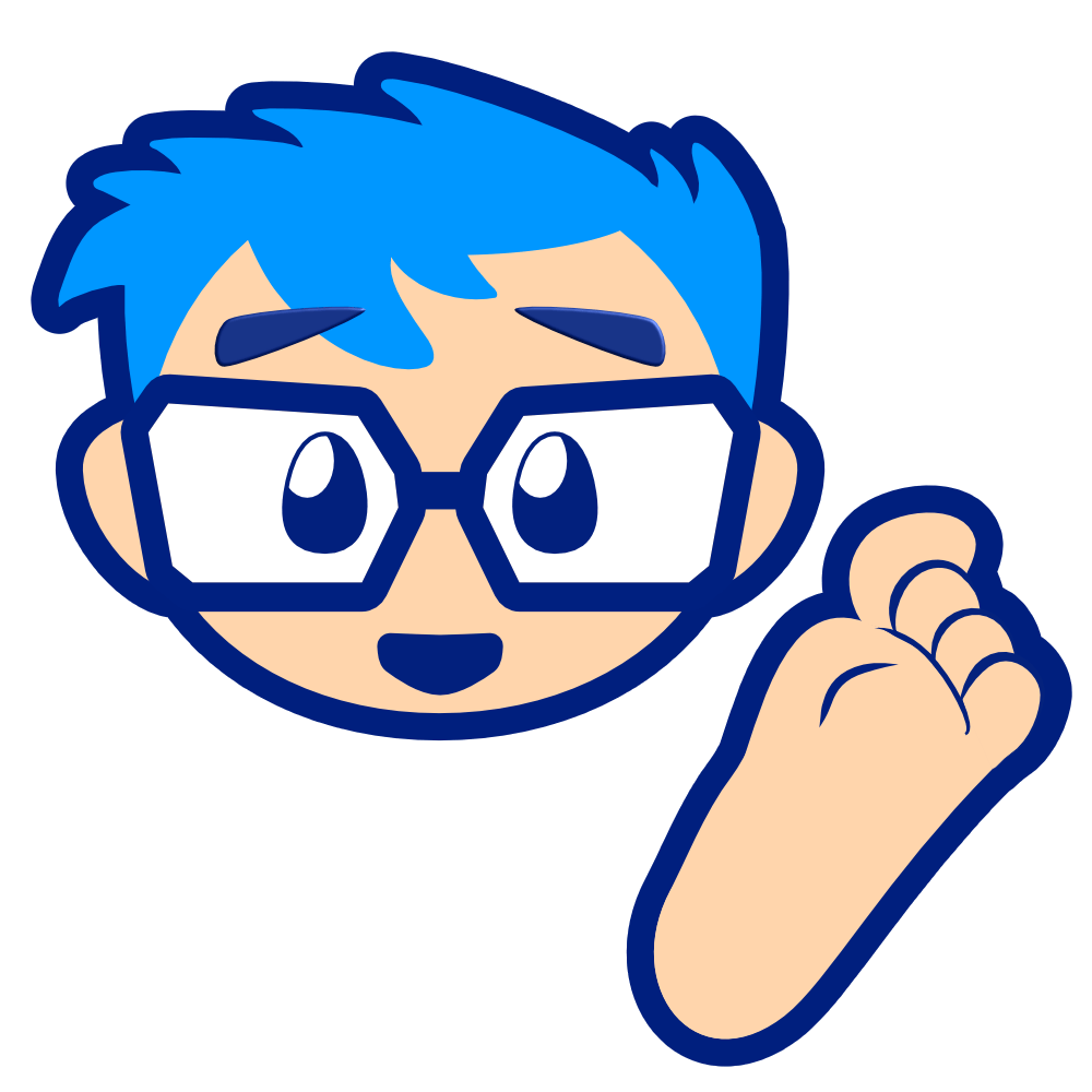 Third version of the Feets logo. It depicts a male humanoid head with light, but not white, skin. He has blue spiky hair with a larger fringe, dark-blue-framed glasses with opaque white lenses, shiny egg-shaped dots for eyes, and a small mouth, open, smiling. At the right of the image is a stylised foot.
