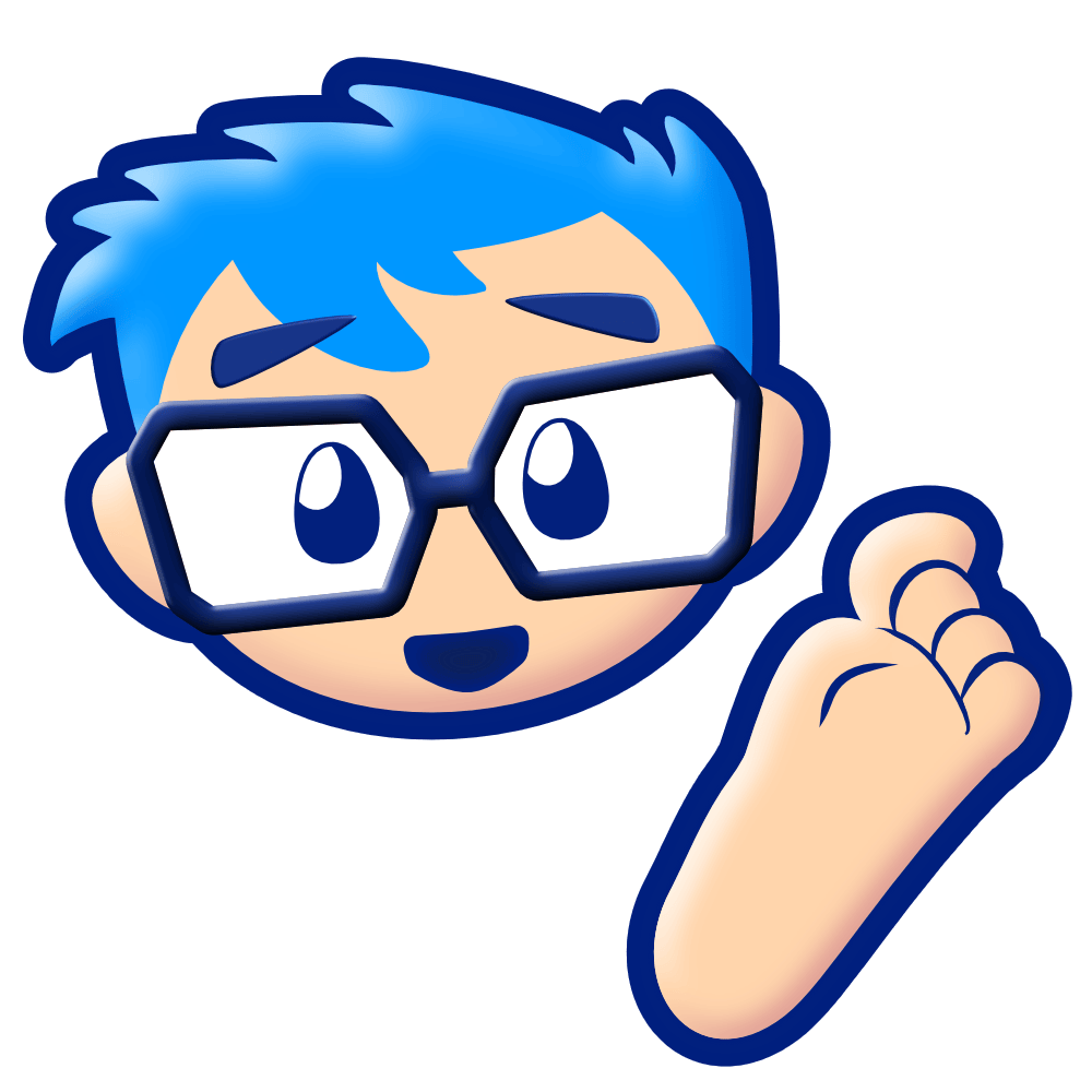 Fourth version of the Feets logo. It depicts a male humanoid head with light, but not white, skin. He has blue spiky hair with a larger fringe, dark-blue-framed glasses with opaque white lenses, shiny egg-shaped dots for eyes, and a small mouth, open, smiling. At the right of the image is a stylised foot. Unlike the previous logo, the head is tilted to the left and the whole graphic has some lighting and shading.