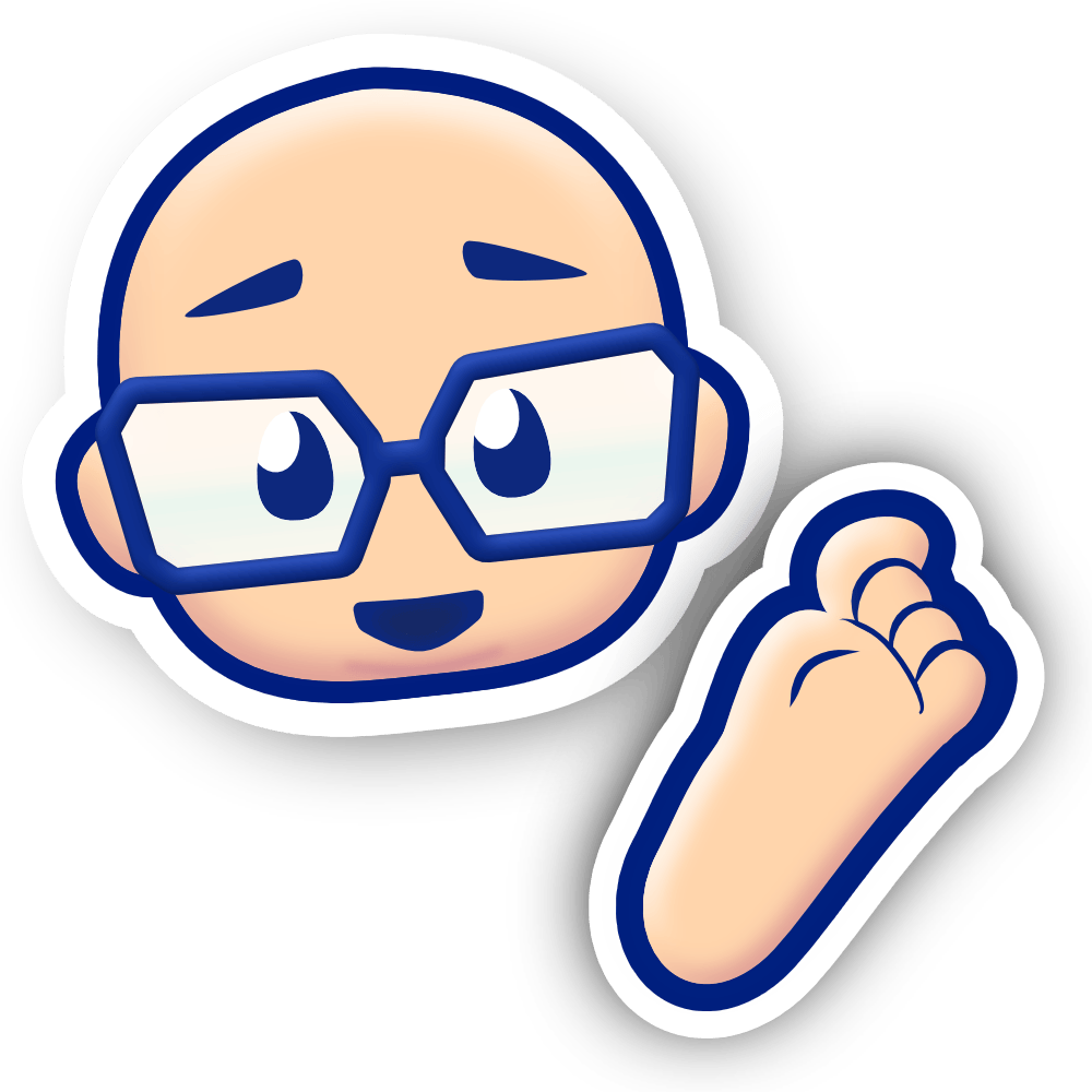 Fifth version of the Feets logo. It depicts a male humanoid head with light, but not white, skin. He has a bald head, dark-blue-framed glasses with white lenses that have a slight gradient towards the bottom to light blue, shiny egg-shaped dots for eyes, and a small mouth, open, smiling. At the right of the image is a stylised foot. Unlike the previous logo, both the head and the foot have thick white outlines around them and drop shadows, similar to the most Paper Mario character designs.