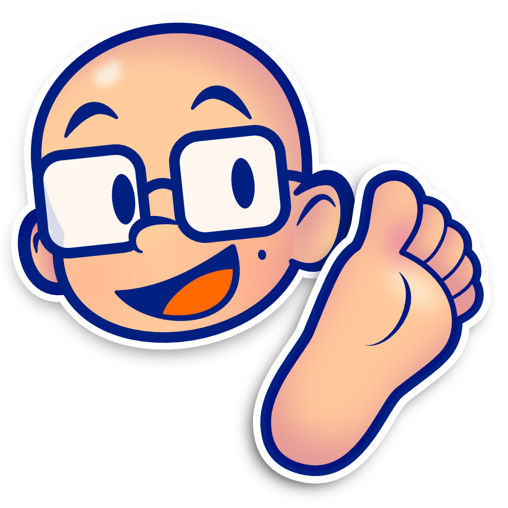 Sixth and most recent version of the Feets logo. It depicts a male humanoid head with fair skin. He has a bald head with a shiny highlight at the top, dark-blue square-framed glasses with semi-transparent white lenses, oval dots for eyes, a nose, beauty mark, and a large, open, smiling mouth with a tongue visible inside. At the right of the image is a stylised foot. Similar to the previous logo, it has white outlines around the head and foot but, unlike the previous one, they are much thinner and more subtle.
